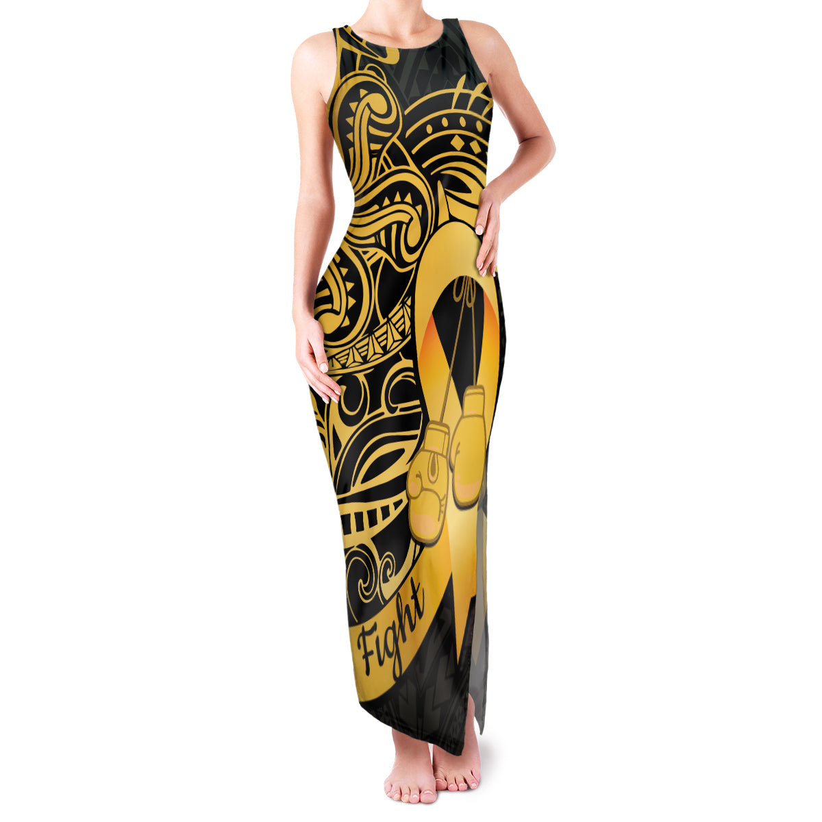 Polynesia Bone Cancer Awareness Family Matching Tank Maxi Dress and Hawaiian Shirt Fight Warriors LT14 Mom's Dress Black - Polynesian Pride