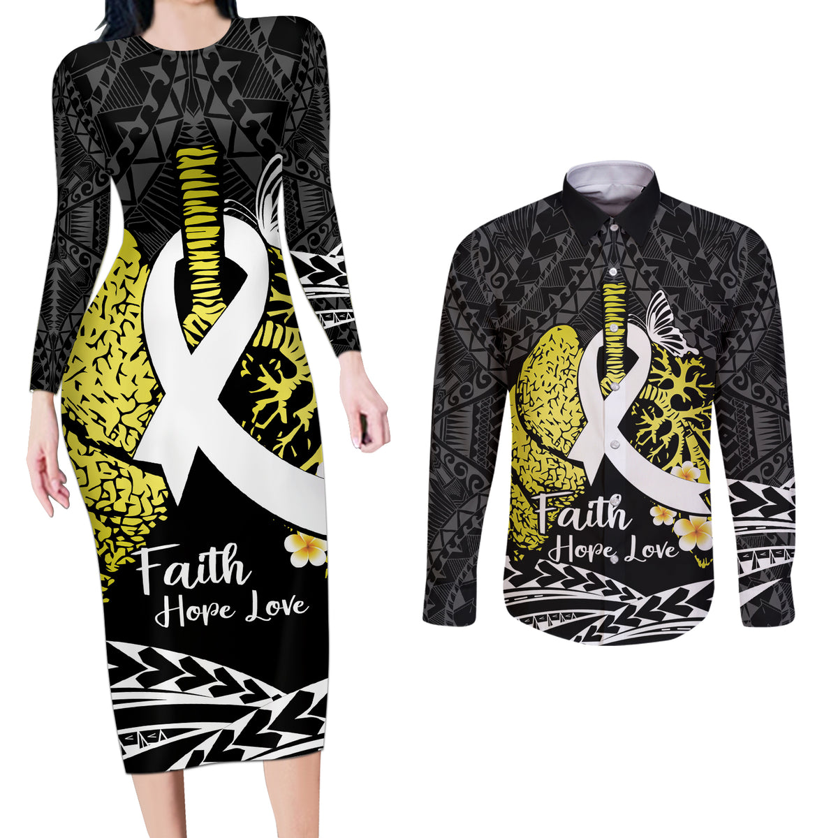 Personalised Polynesia World Lung Cancer Day Couples Matching Long Sleeve Bodycon Dress and Long Sleeve Button Shirt Faith Hope Love LT14 Black - Polynesian Pride