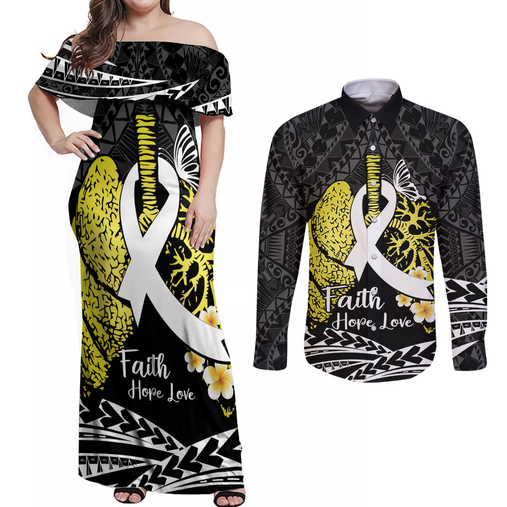 Personalised Polynesia World Lung Cancer Day Couples Matching Off Shoulder Maxi Dress and Long Sleeve Button Shirt Faith Hope Love LT14 Black - Polynesian Pride