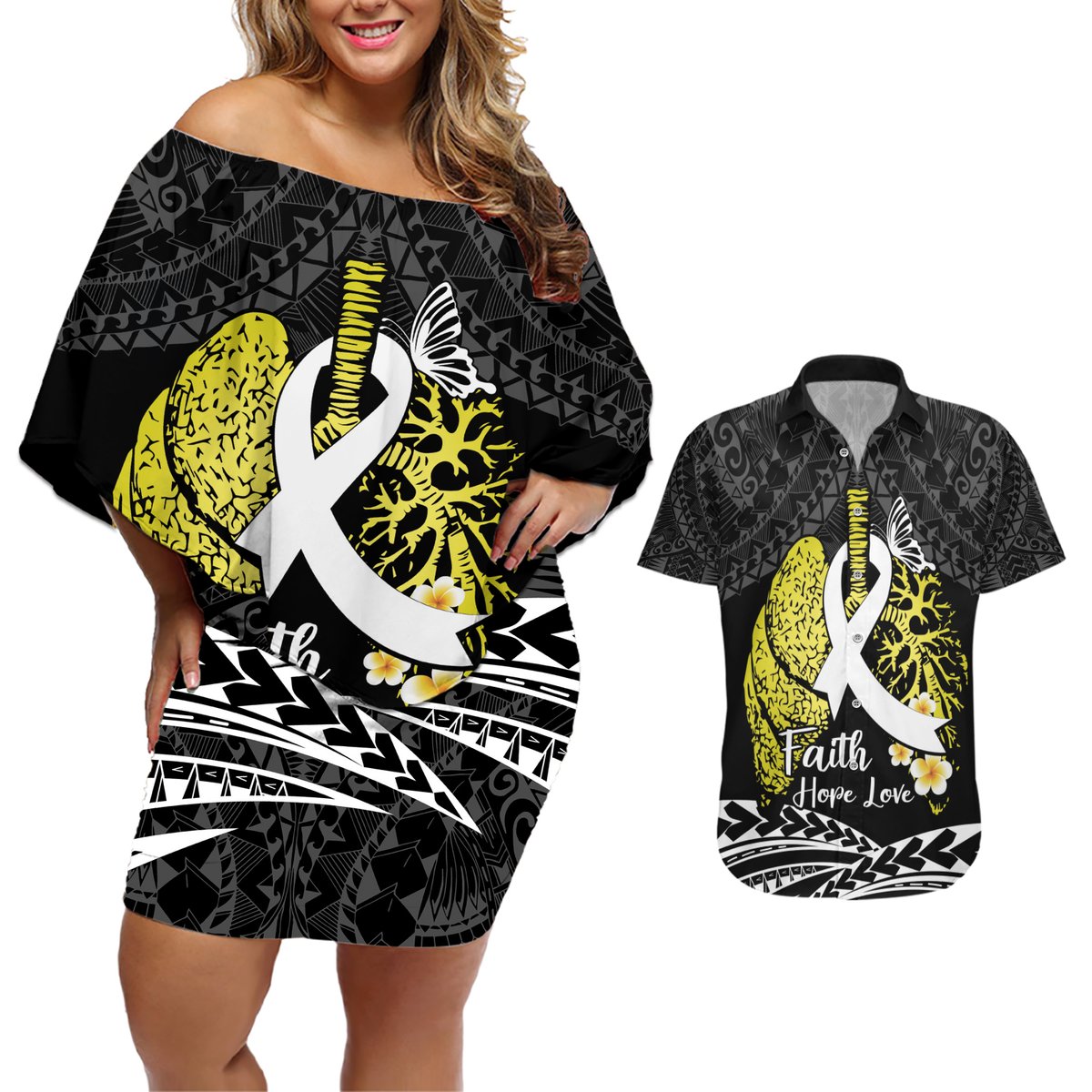 Personalised Polynesia World Lung Cancer Day Couples Matching Off Shoulder Short Dress and Hawaiian Shirt Faith Hope Love LT14 Black - Polynesian Pride