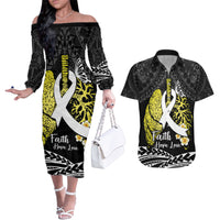 Personalised Polynesia World Lung Cancer Day Couples Matching Off The Shoulder Long Sleeve Dress and Hawaiian Shirt Faith Hope Love LT14 Black - Polynesian Pride