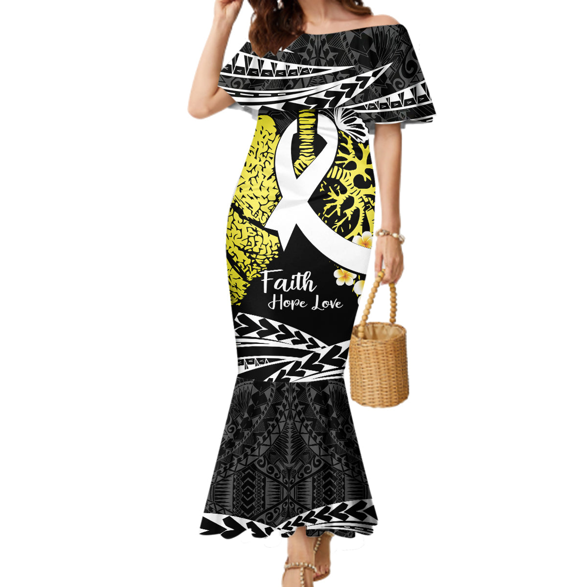 Personalised Polynesia World Lung Cancer Day Family Matching Mermaid Dress and Hawaiian Shirt Faith Hope Love LT14 Mom's Dress Black - Polynesian Pride