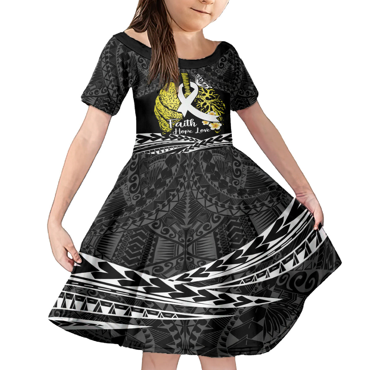 Personalised Polynesia World Lung Cancer Day Family Matching Off Shoulder Maxi Dress and Hawaiian Shirt Faith Hope Love LT14 Daughter's Dress Black - Polynesian Pride