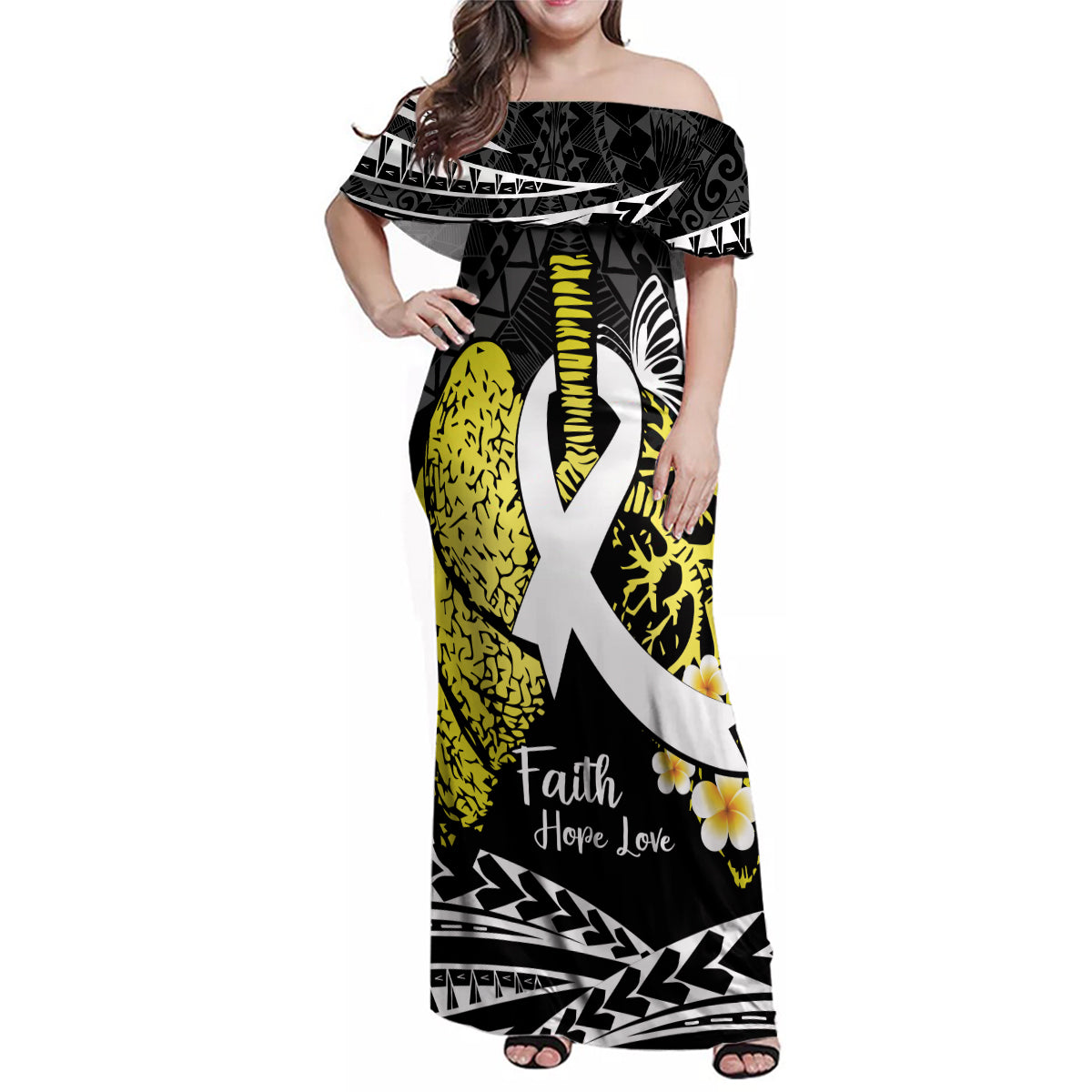 Personalised Polynesia World Lung Cancer Day Family Matching Off Shoulder Maxi Dress and Hawaiian Shirt Faith Hope Love LT14 Mom's Dress Black - Polynesian Pride
