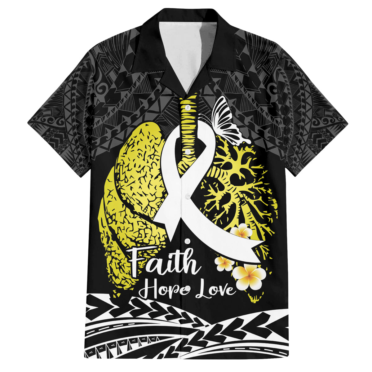 Personalised Polynesia World Lung Cancer Day Family Matching Off Shoulder Short Dress and Hawaiian Shirt Faith Hope Love LT14 Dad's Shirt - Short Sleeve Black - Polynesian Pride