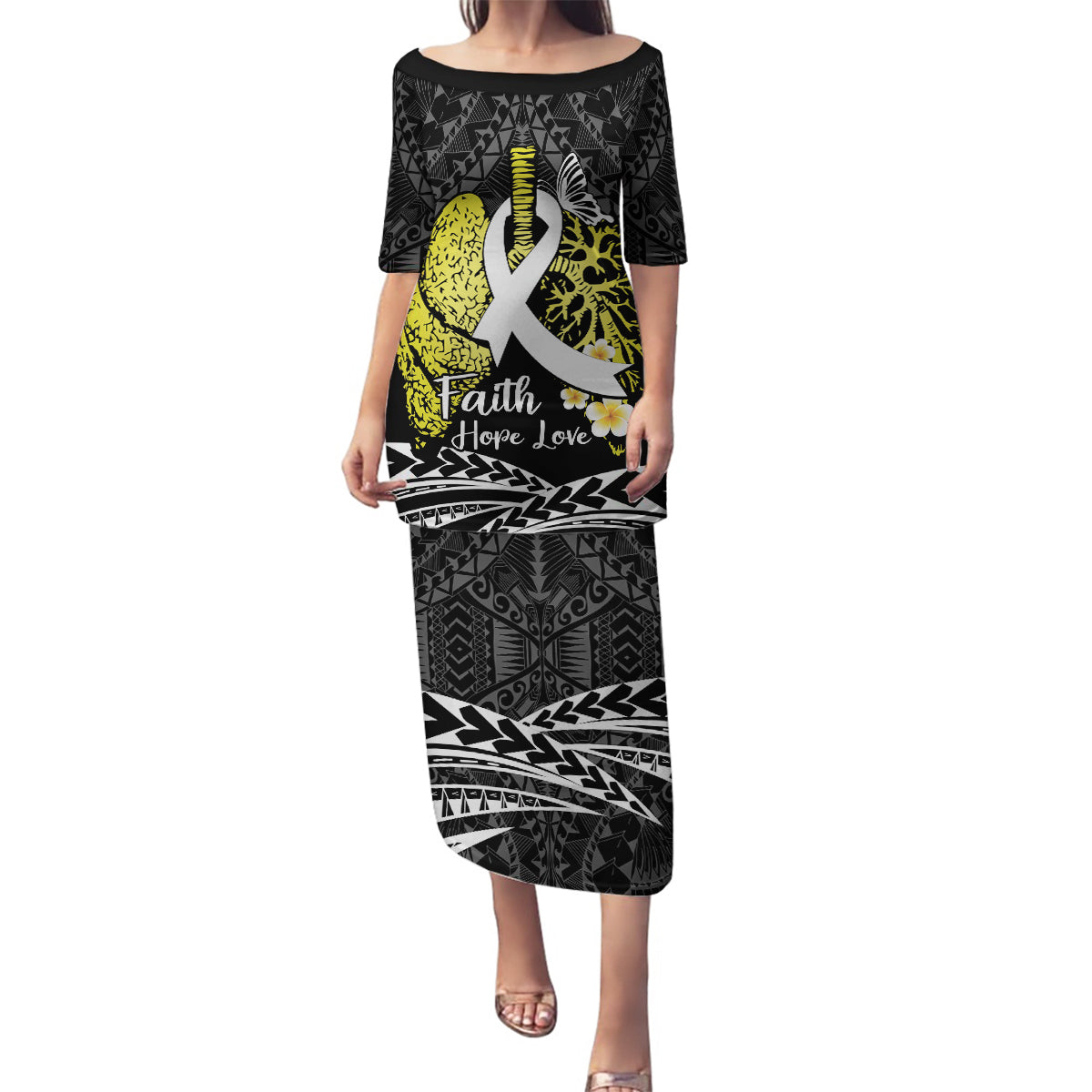 Personalised Polynesia World Lung Cancer Day Family Matching Puletasi and Hawaiian Shirt Faith Hope Love LT14 Mom's Dress Black - Polynesian Pride