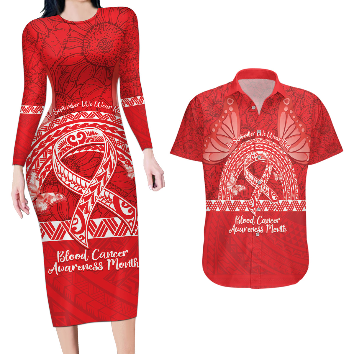 Personalised In September We Wear Red Couples Matching Long Sleeve Bodycon Dress and Hawaiian Shirt Polynesia Blood Cancer Awareness LT14 Red - Polynesian Pride