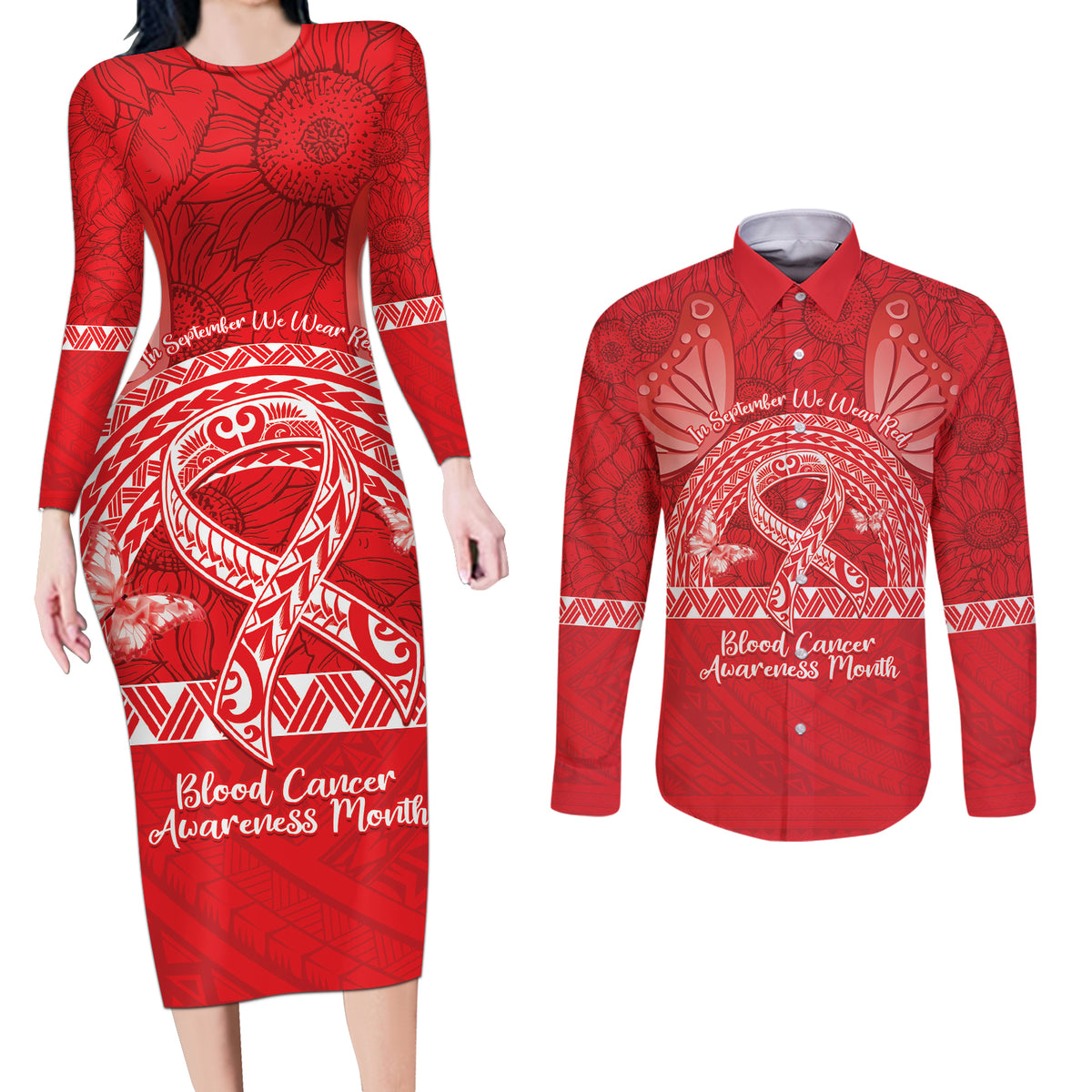 Personalised In September We Wear Red Couples Matching Long Sleeve Bodycon Dress and Long Sleeve Button Shirt Polynesia Blood Cancer Awareness LT14 Red - Polynesian Pride