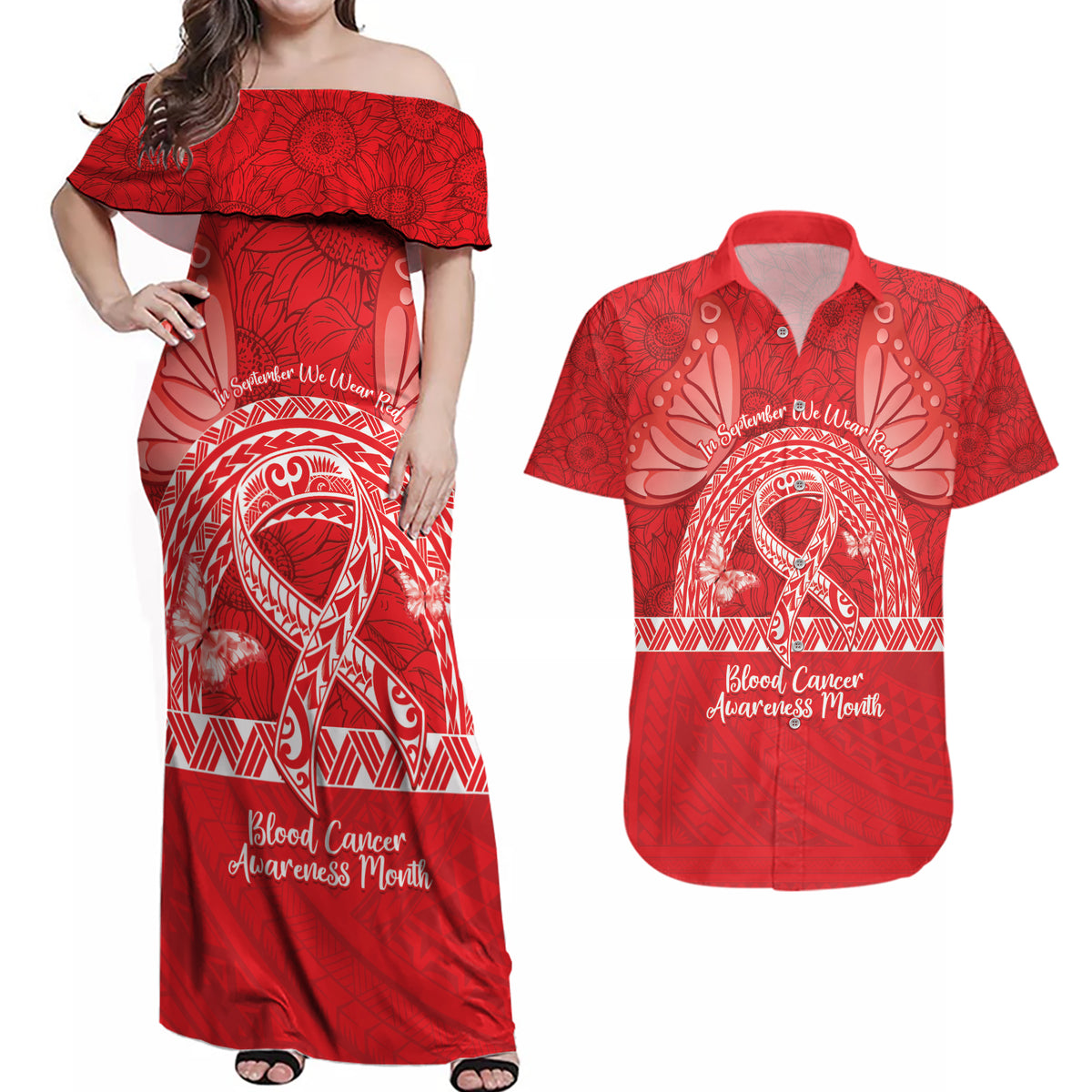 Personalised In September We Wear Red Couples Matching Off Shoulder Maxi Dress and Hawaiian Shirt Polynesia Blood Cancer Awareness LT14 Red - Polynesian Pride