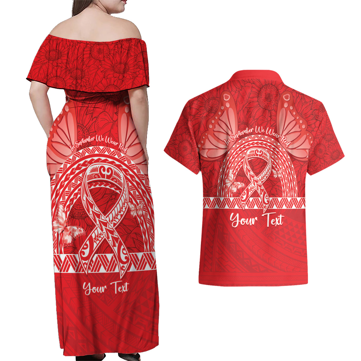 Personalised In September We Wear Red Couples Matching Off Shoulder Maxi Dress and Hawaiian Shirt Polynesia Blood Cancer Awareness LT14 - Polynesian Pride