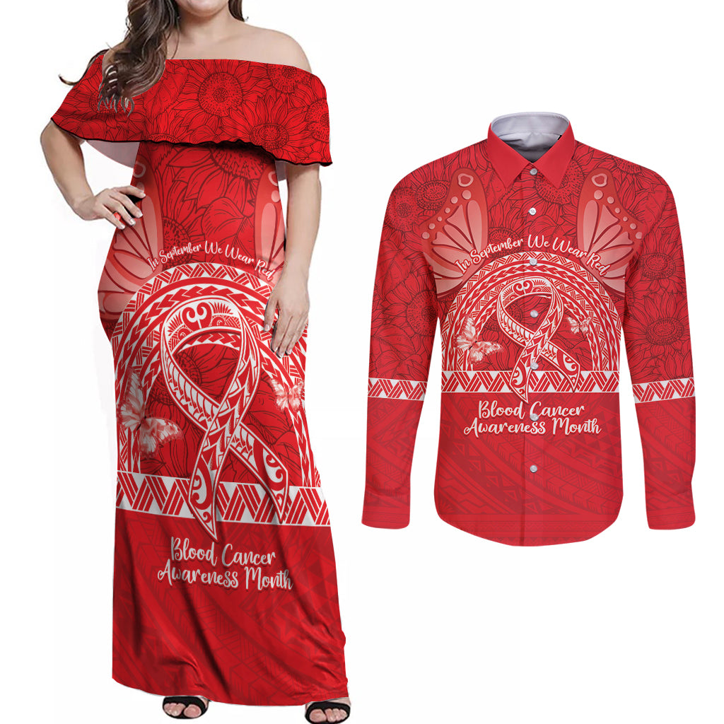 Personalised In September We Wear Red Couples Matching Off Shoulder Maxi Dress and Long Sleeve Button Shirt Polynesia Blood Cancer Awareness LT14 Red - Polynesian Pride