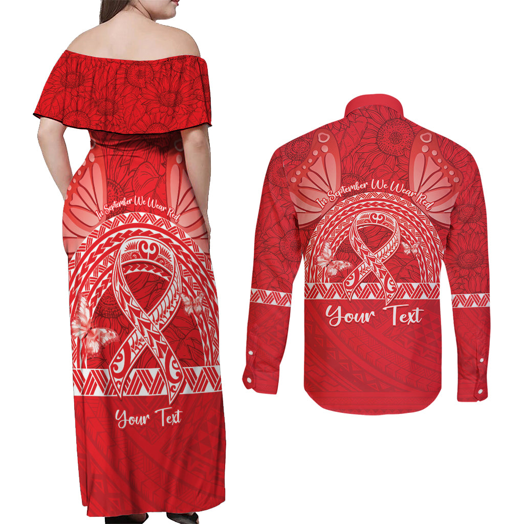 Personalised In September We Wear Red Couples Matching Off Shoulder Maxi Dress and Long Sleeve Button Shirt Polynesia Blood Cancer Awareness LT14 - Polynesian Pride