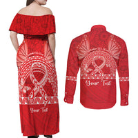 Personalised In September We Wear Red Couples Matching Off Shoulder Maxi Dress and Long Sleeve Button Shirt Polynesia Blood Cancer Awareness LT14 - Polynesian Pride