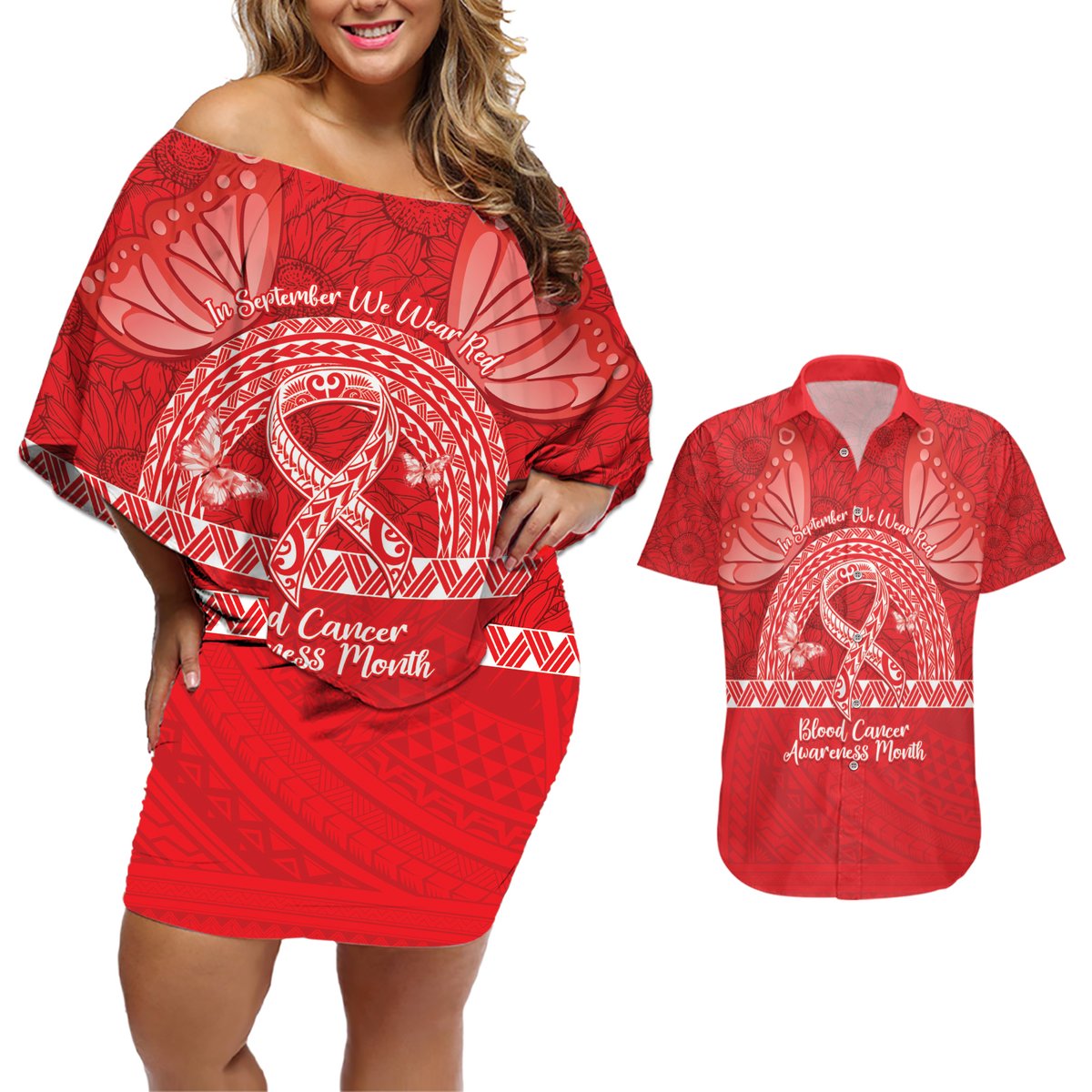 Personalised In September We Wear Red Couples Matching Off Shoulder Short Dress and Hawaiian Shirt Polynesia Blood Cancer Awareness LT14 Red - Polynesian Pride