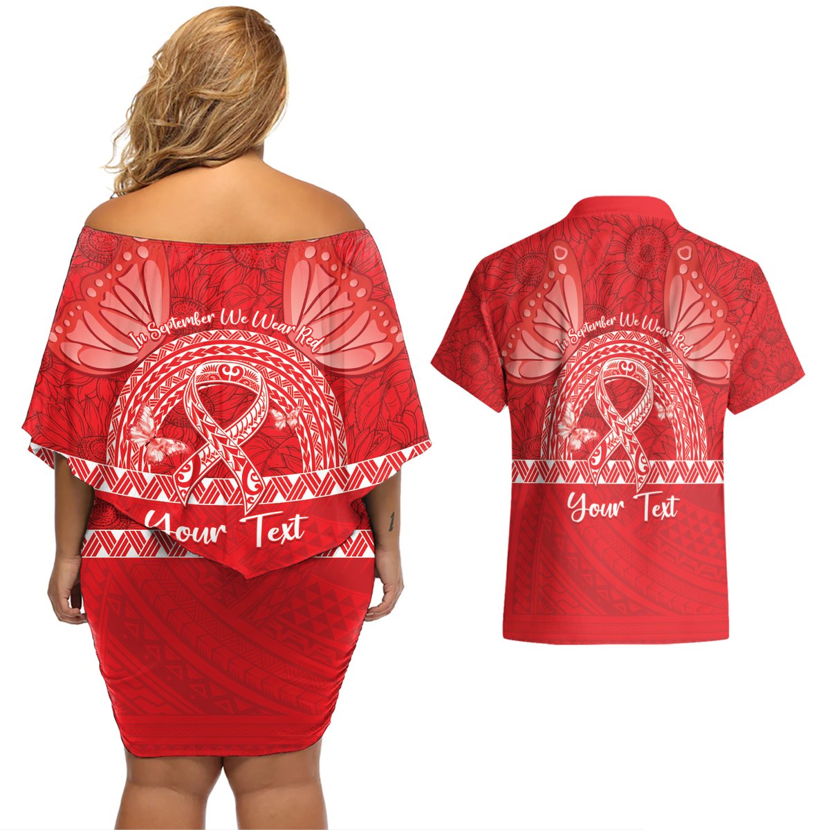 Personalised In September We Wear Red Couples Matching Off Shoulder Short Dress and Hawaiian Shirt Polynesia Blood Cancer Awareness LT14 - Polynesian Pride