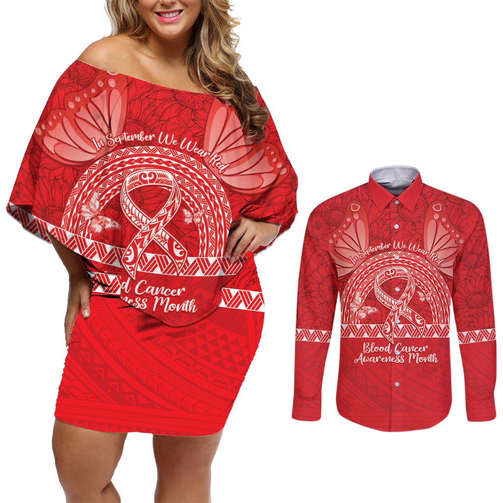 Personalised In September We Wear Red Couples Matching Off Shoulder Short Dress and Long Sleeve Button Shirt Polynesia Blood Cancer Awareness LT14 Red - Polynesian Pride