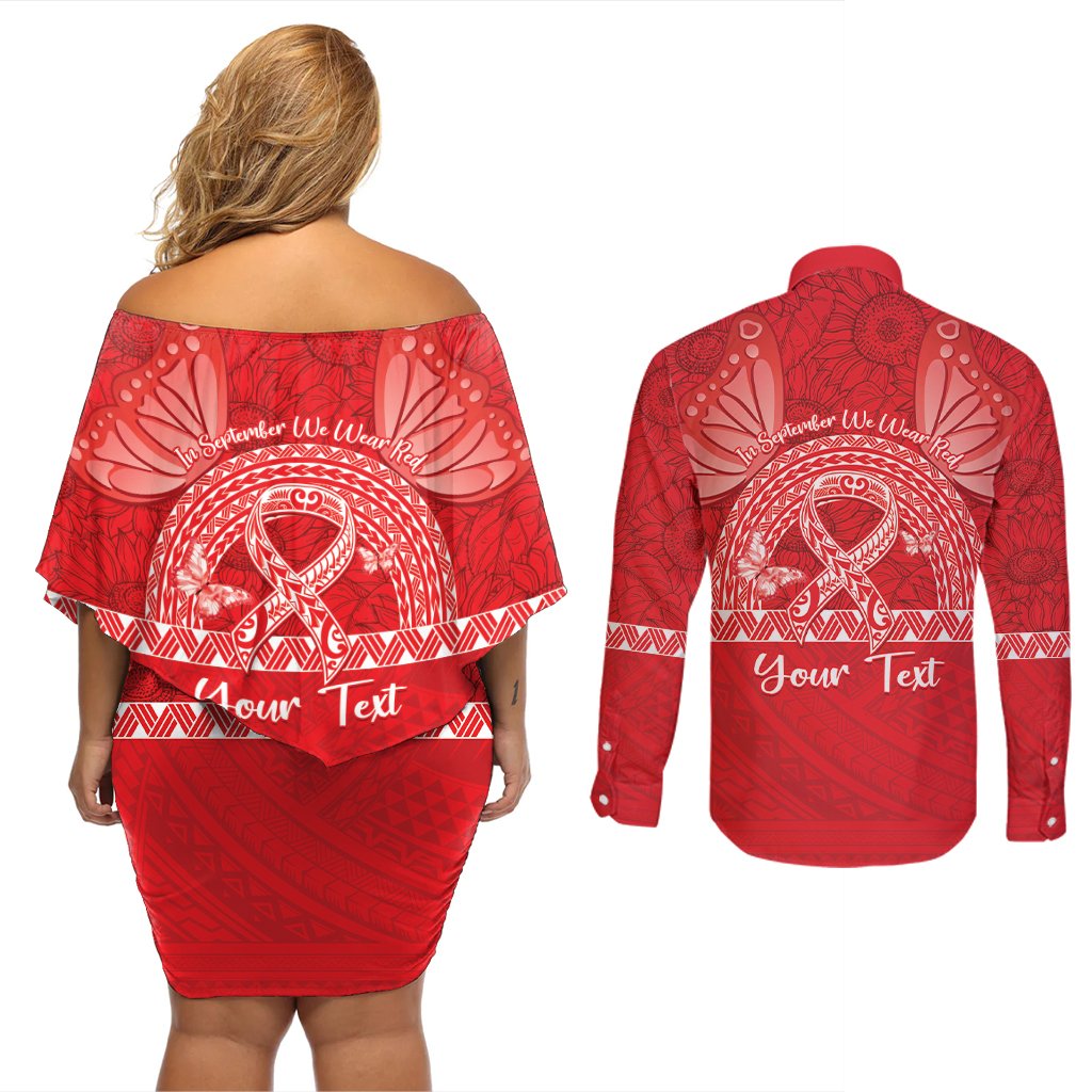 Personalised In September We Wear Red Couples Matching Off Shoulder Short Dress and Long Sleeve Button Shirt Polynesia Blood Cancer Awareness LT14 - Polynesian Pride