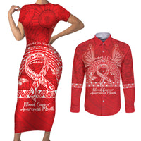 Personalised In September We Wear Red Couples Matching Short Sleeve Bodycon Dress and Long Sleeve Button Shirt Polynesia Blood Cancer Awareness LT14 Red - Polynesian Pride