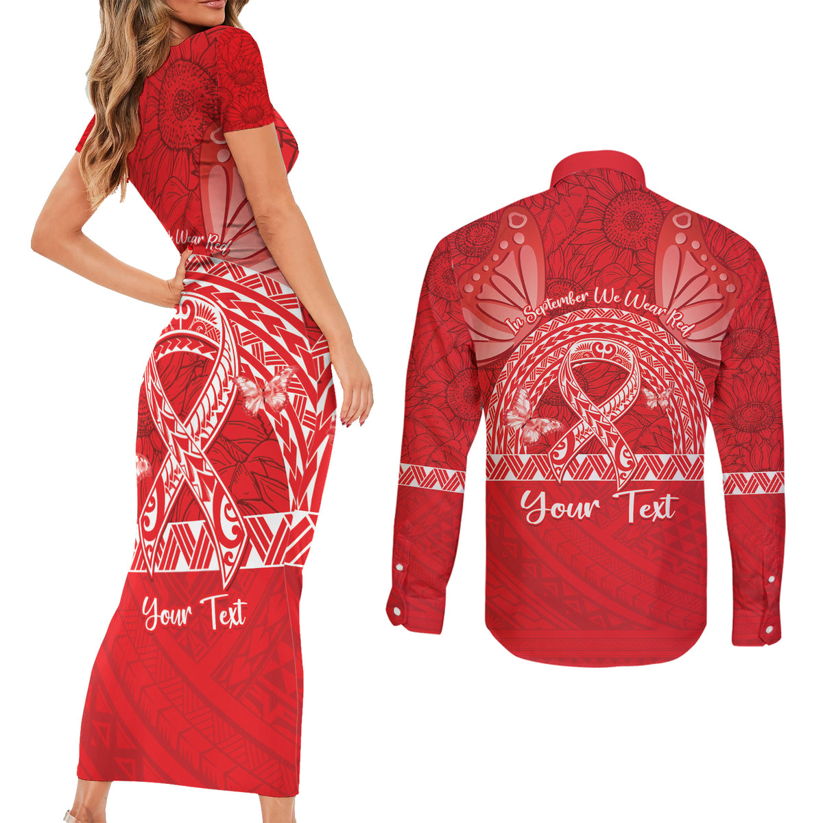 Personalised In September We Wear Red Couples Matching Short Sleeve Bodycon Dress and Long Sleeve Button Shirt Polynesia Blood Cancer Awareness LT14 - Polynesian Pride