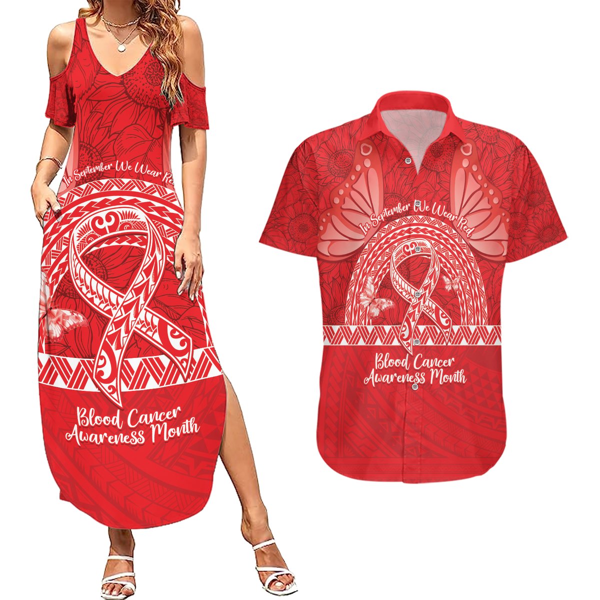Personalised In September We Wear Red Couples Matching Summer Maxi Dress and Hawaiian Shirt Polynesia Blood Cancer Awareness LT14 Red - Polynesian Pride