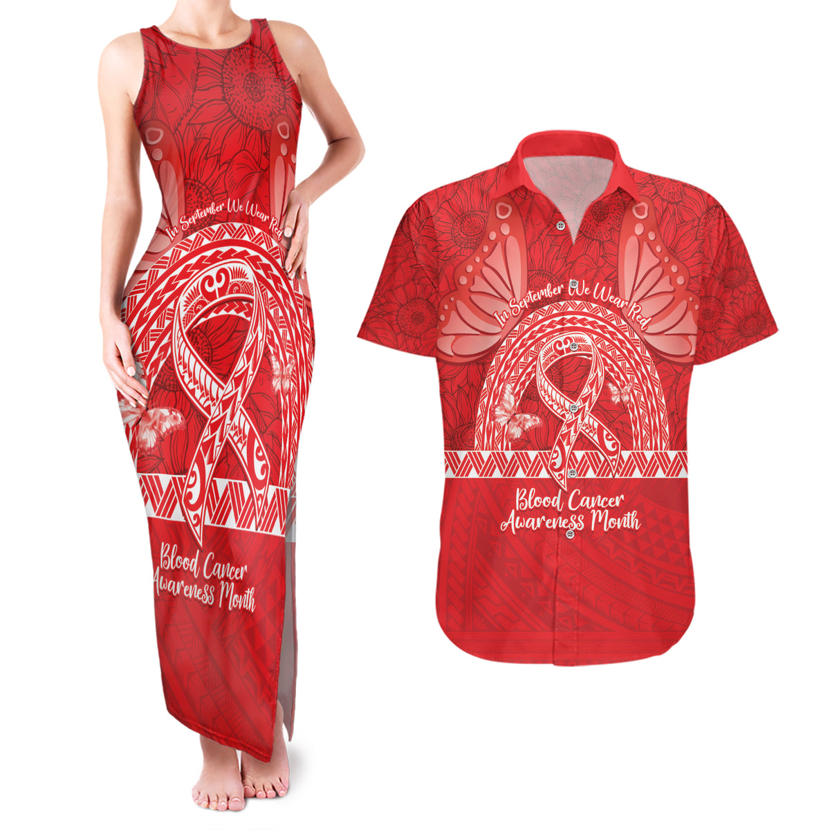 Personalised In September We Wear Red Couples Matching Tank Maxi Dress and Hawaiian Shirt Polynesia Blood Cancer Awareness LT14 Red - Polynesian Pride