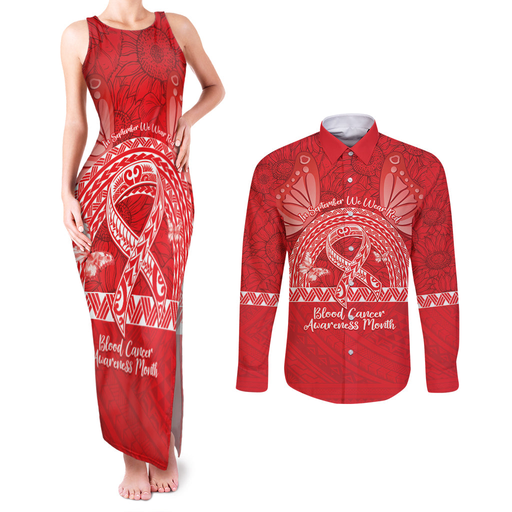 Personalised In September We Wear Red Couples Matching Tank Maxi Dress and Long Sleeve Button Shirt Polynesia Blood Cancer Awareness LT14 Red - Polynesian Pride