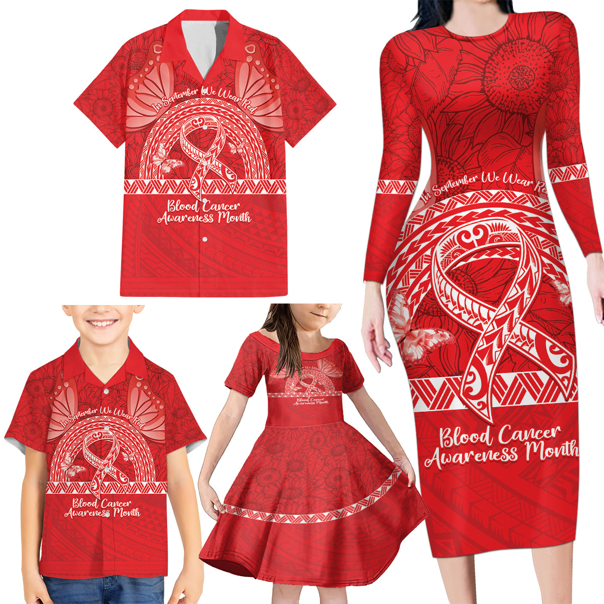 Personalised In September We Wear Red Family Matching Long Sleeve Bodycon Dress and Hawaiian Shirt Polynesia Blood Cancer Awareness LT14 - Polynesian Pride