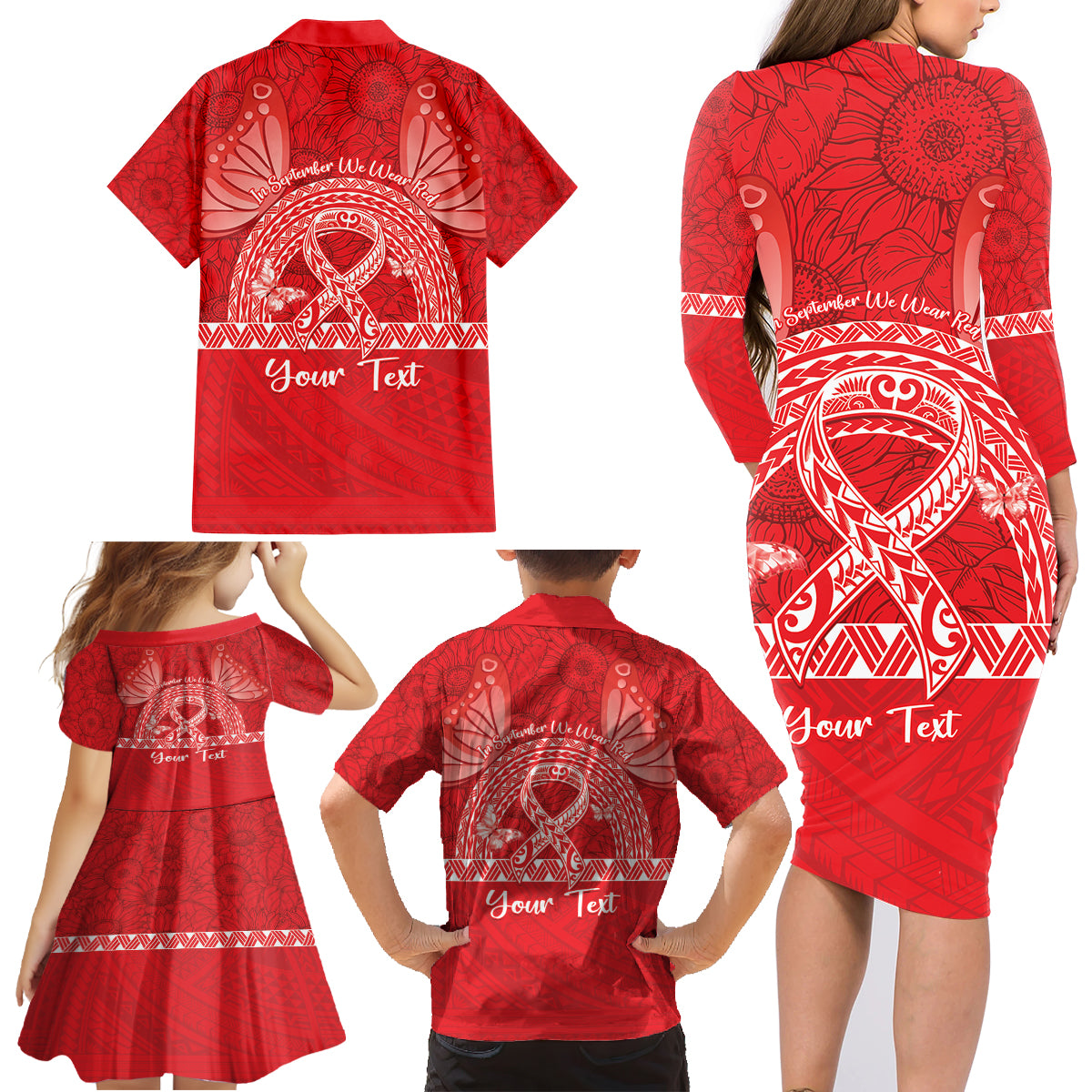 Personalised In September We Wear Red Family Matching Long Sleeve Bodycon Dress and Hawaiian Shirt Polynesia Blood Cancer Awareness LT14 - Polynesian Pride