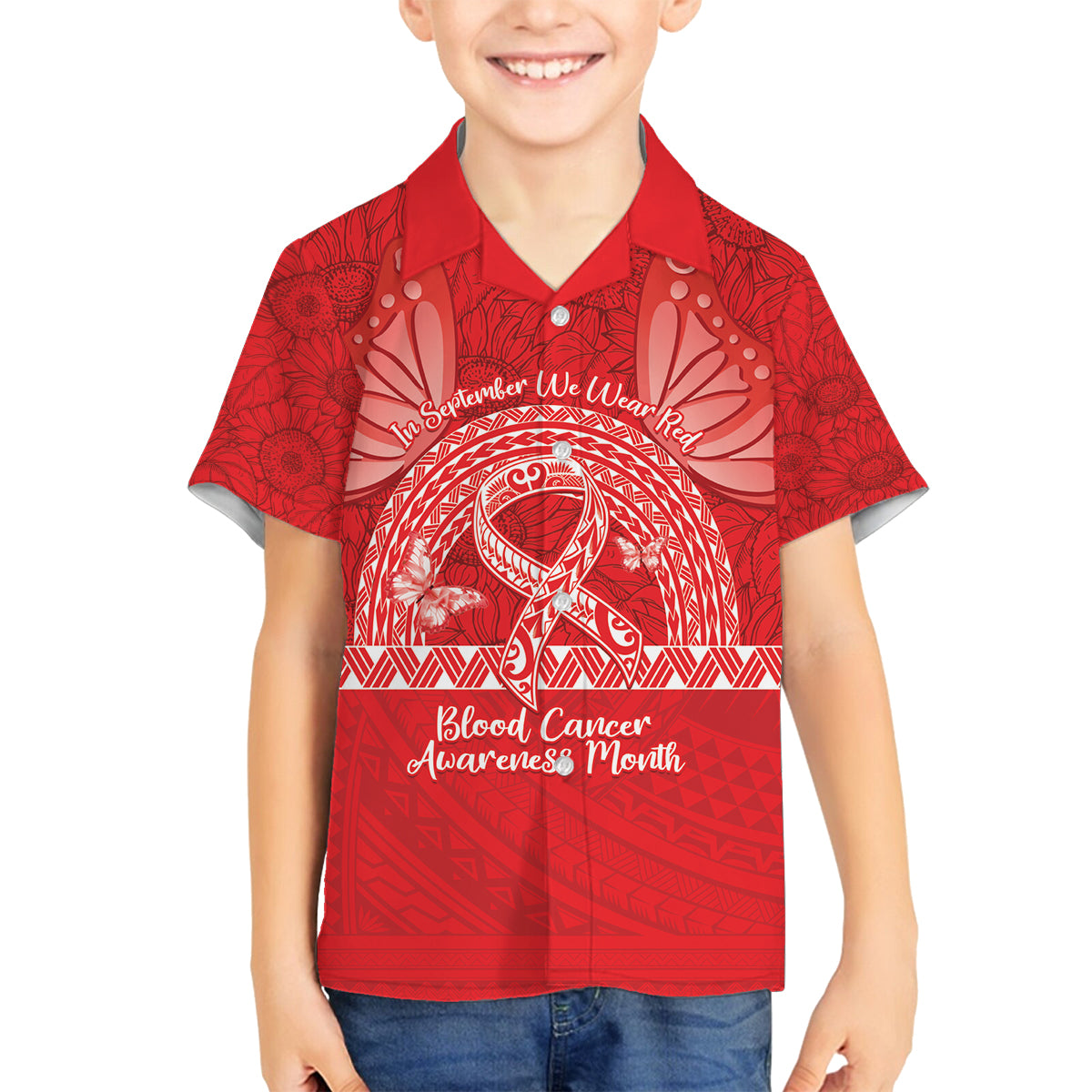 Personalised In September We Wear Red Family Matching Long Sleeve Bodycon Dress and Hawaiian Shirt Polynesia Blood Cancer Awareness LT14 Son's Shirt Red - Polynesian Pride