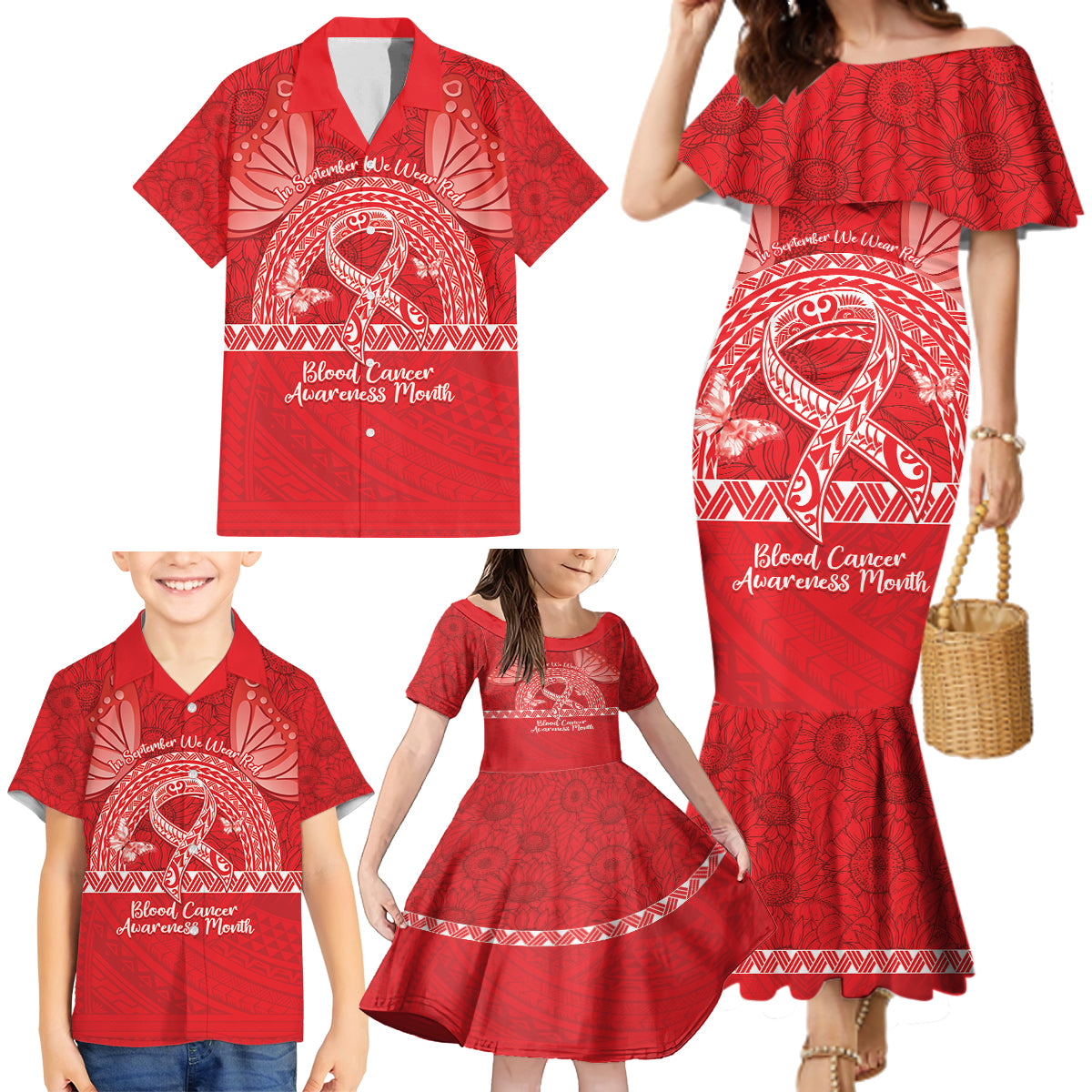 Personalised In September We Wear Red Family Matching Mermaid Dress and Hawaiian Shirt Polynesia Blood Cancer Awareness LT14 - Polynesian Pride