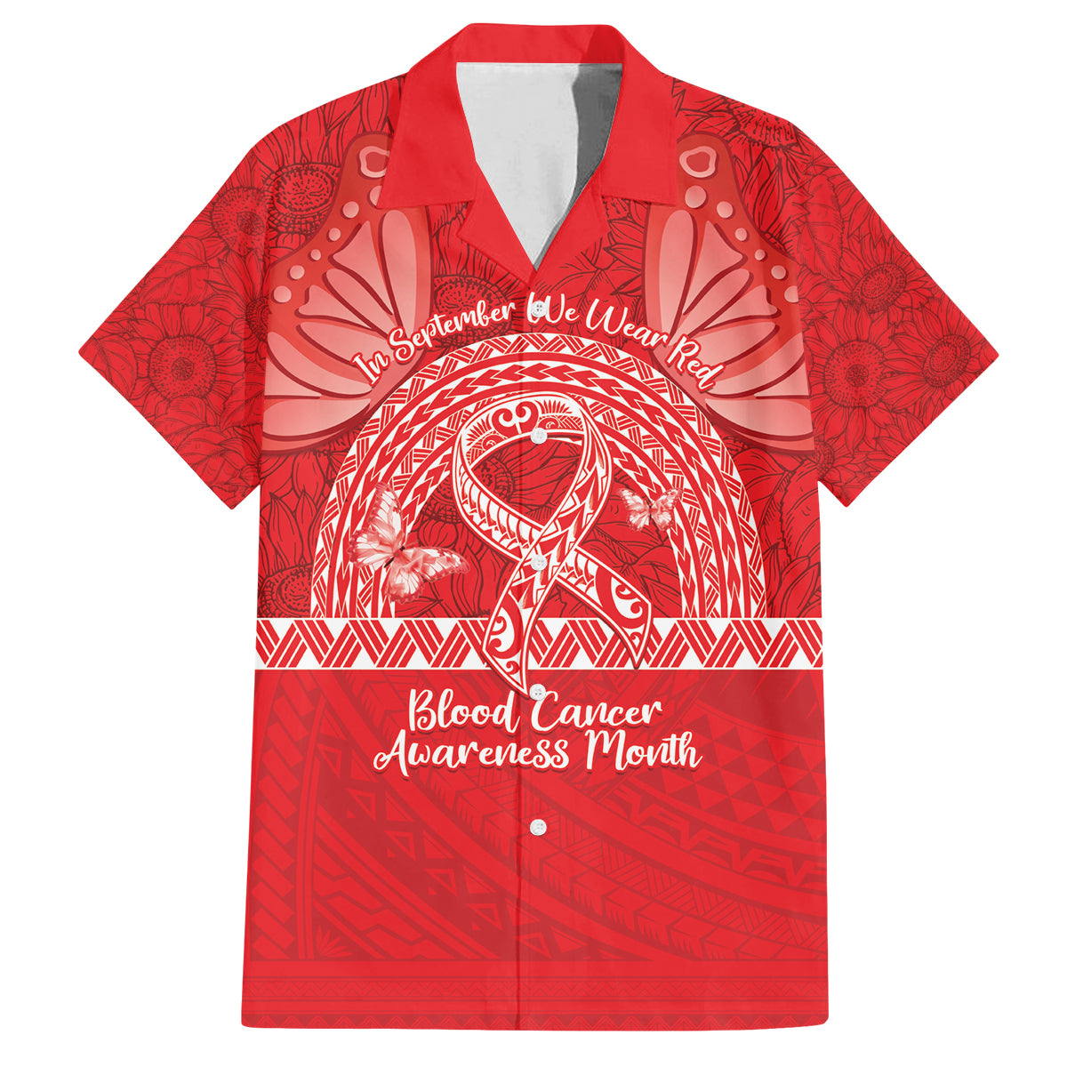 Personalised In September We Wear Red Family Matching Off The Shoulder Long Sleeve Dress and Hawaiian Shirt Polynesia Blood Cancer Awareness LT14 Dad's Shirt - Short Sleeve Red - Polynesian Pride