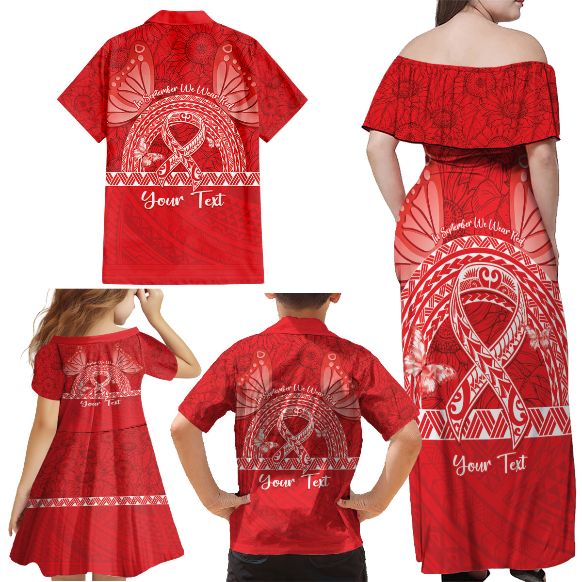 Personalised In September We Wear Red Family Matching Off Shoulder Maxi Dress and Hawaiian Shirt Polynesia Blood Cancer Awareness LT14 - Polynesian Pride