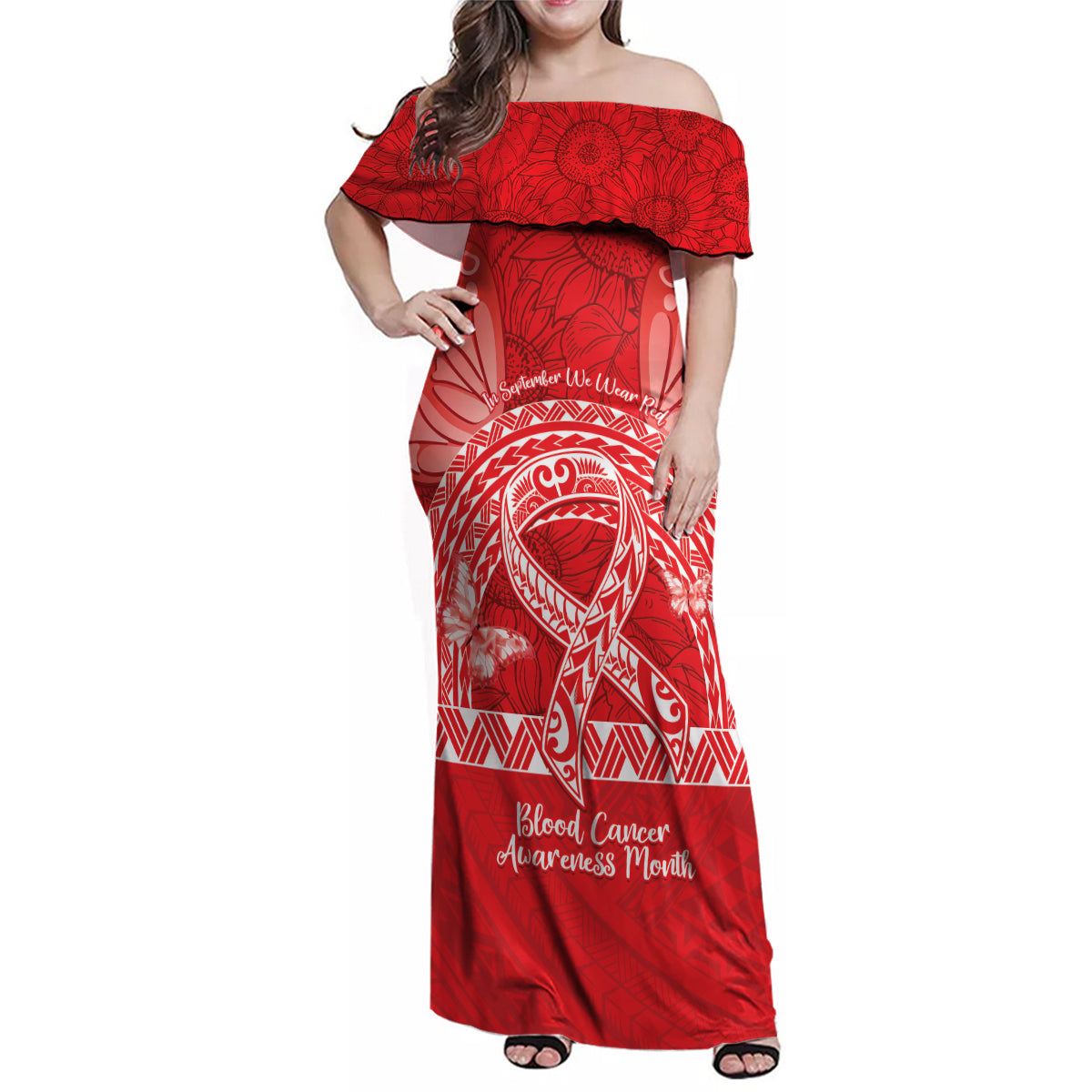 Personalised In September We Wear Red Family Matching Off Shoulder Maxi Dress and Hawaiian Shirt Polynesia Blood Cancer Awareness LT14 Mom's Dress Red - Polynesian Pride