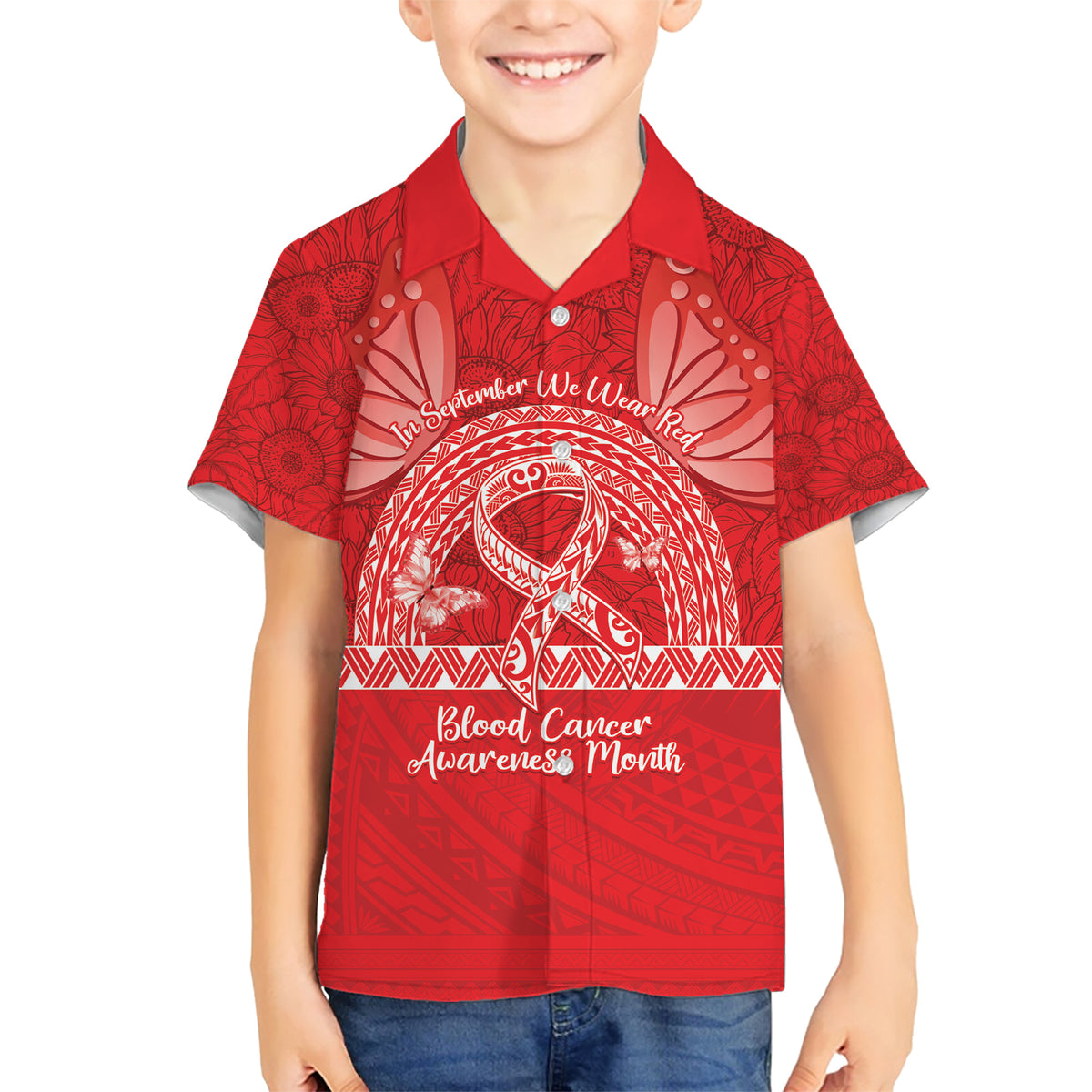 Personalised In September We Wear Red Family Matching Short Sleeve Bodycon Dress and Hawaiian Shirt Polynesia Blood Cancer Awareness LT14 Son's Shirt Red - Polynesian Pride
