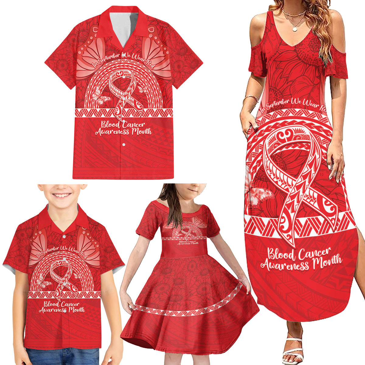 Personalised In September We Wear Red Family Matching Summer Maxi Dress and Hawaiian Shirt Polynesia Blood Cancer Awareness LT14 - Polynesian Pride