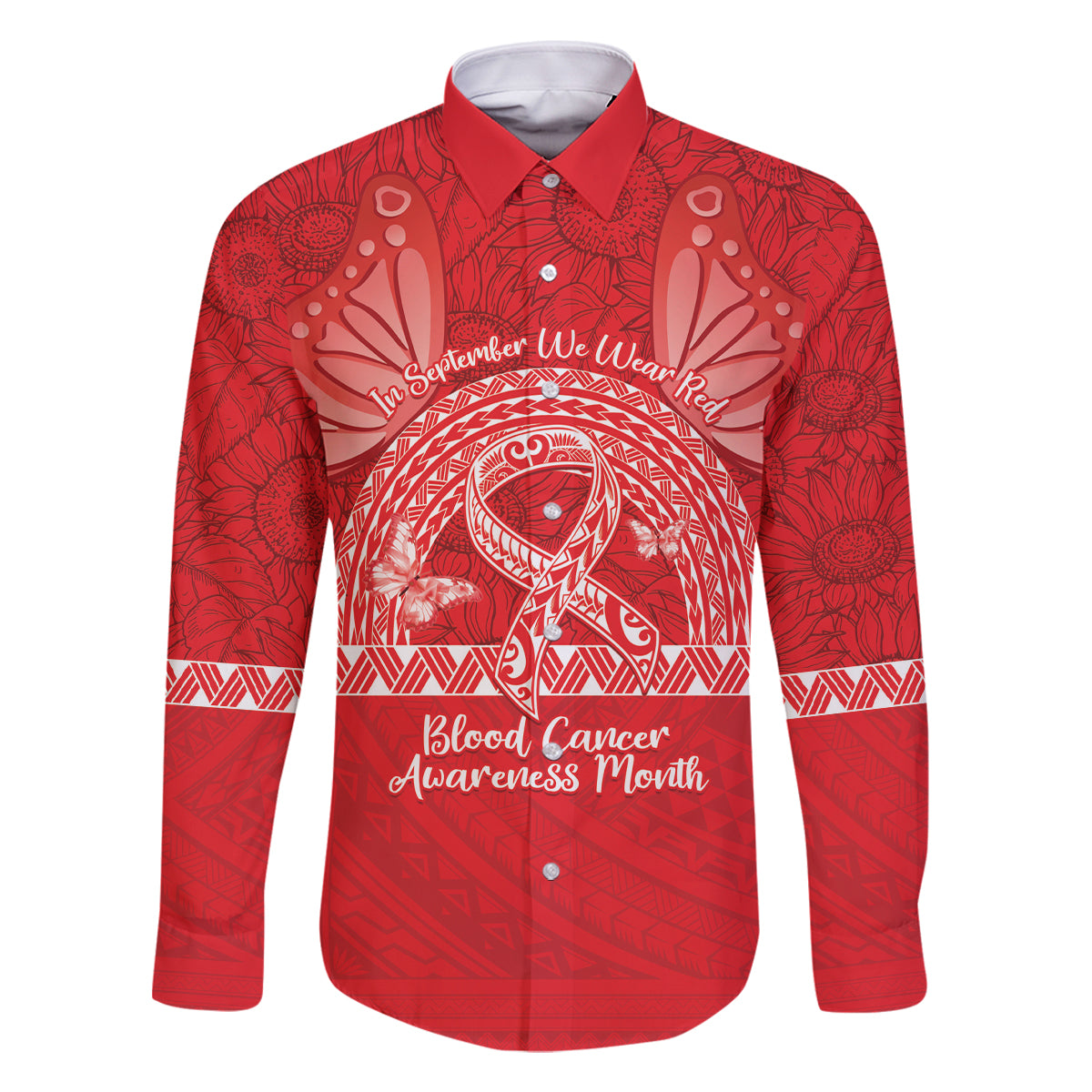 Personalised In September We Wear Red Family Matching Summer Maxi Dress and Hawaiian Shirt Polynesia Blood Cancer Awareness LT14 Dad's Shirt - Long Sleeve Red - Polynesian Pride