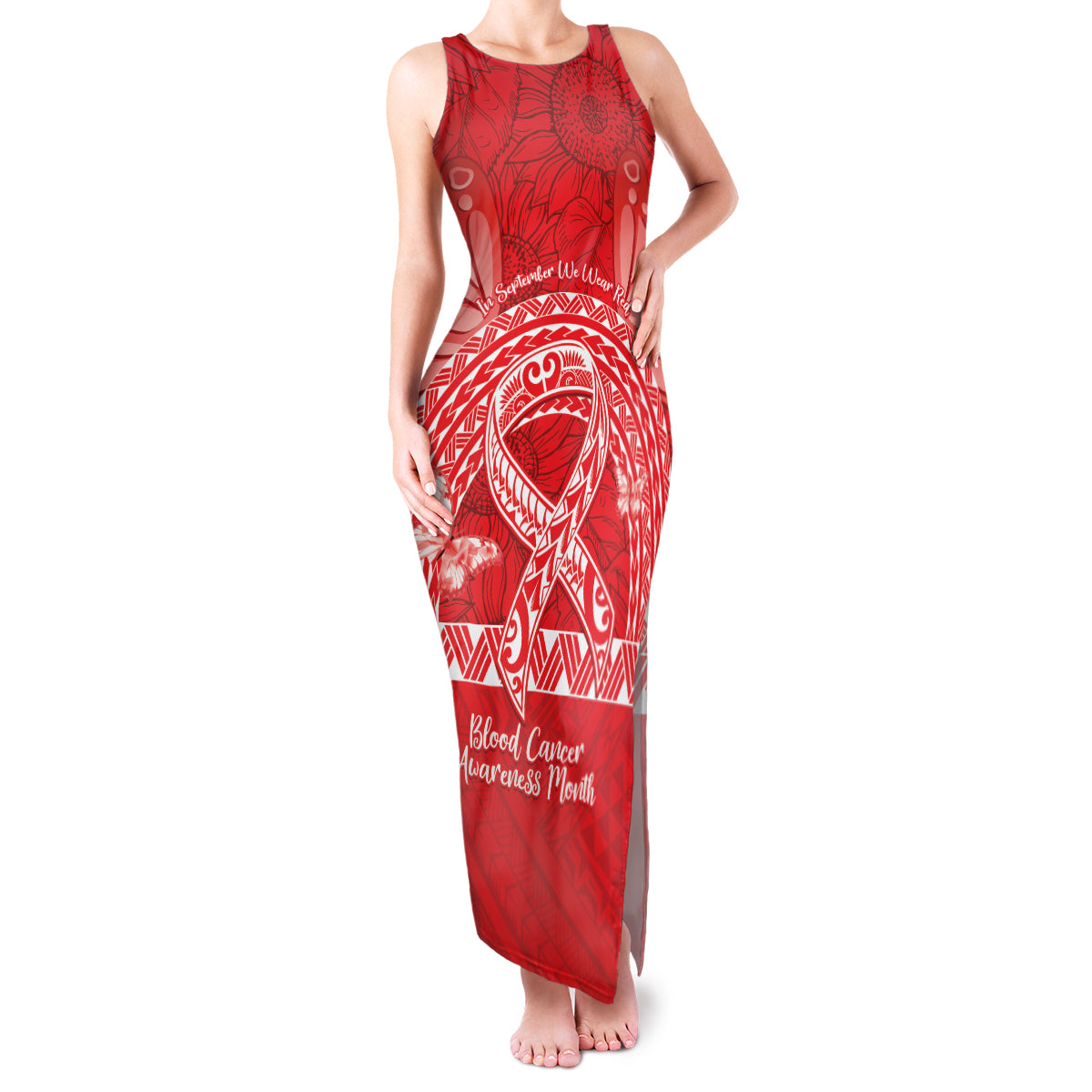 Personalised In September We Wear Red Family Matching Tank Maxi Dress and Hawaiian Shirt Polynesia Blood Cancer Awareness LT14 Mom's Dress Red - Polynesian Pride