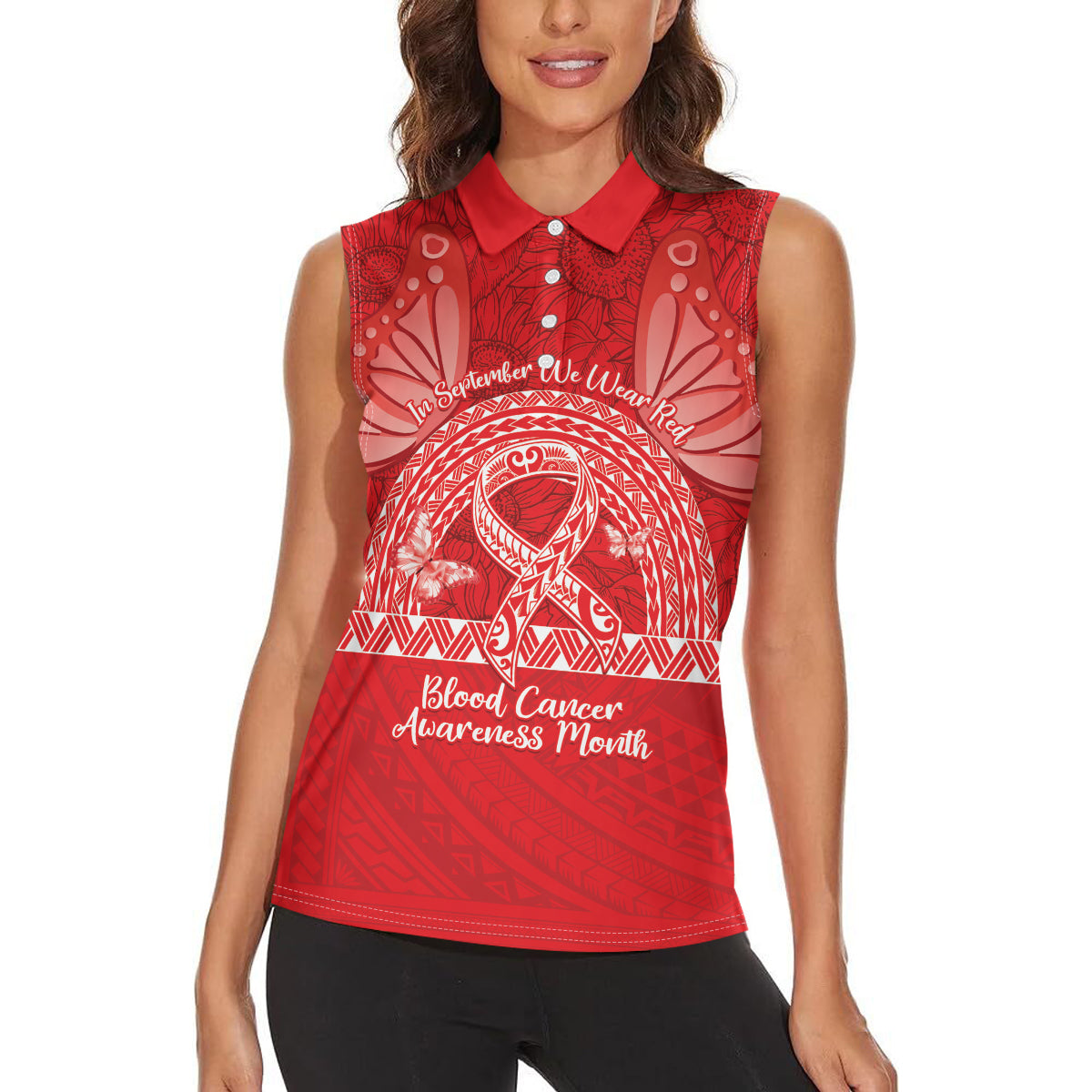Personalised In September We Wear Red Women Sleeveless Polo Shirt Polynesia Blood Cancer Awareness LT14 - Polynesian Pride