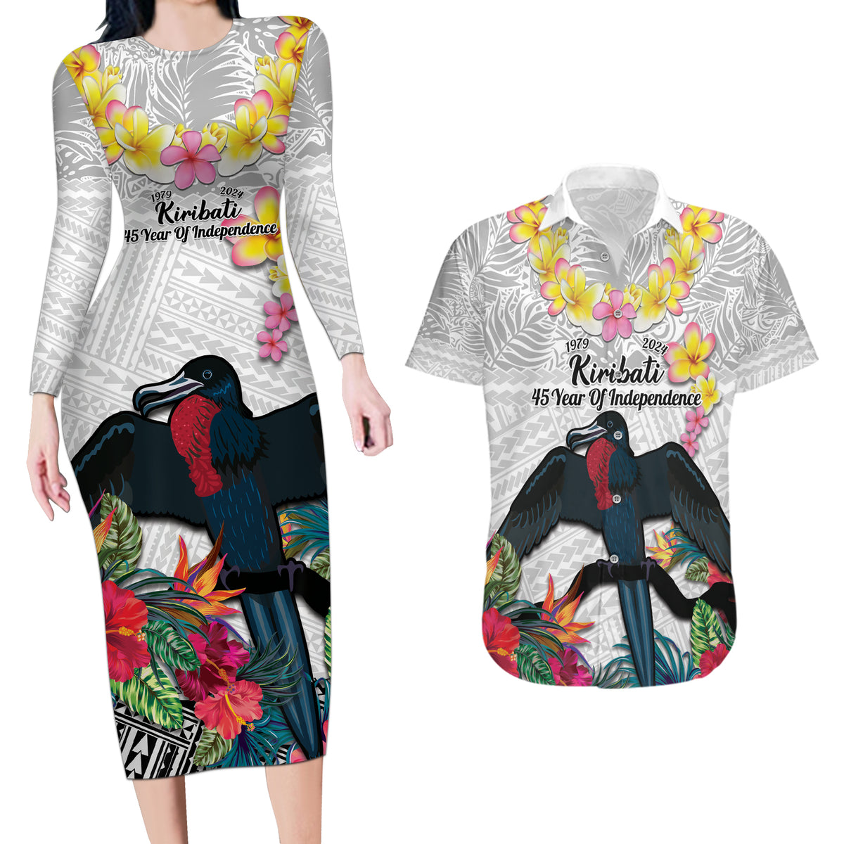 Kiribati Independence Day Couples Matching Long Sleeve Bodycon Dress and Hawaiian Shirt Frigatebird Mix Tropical Flowers - White Style LT14 White - Polynesian Pride