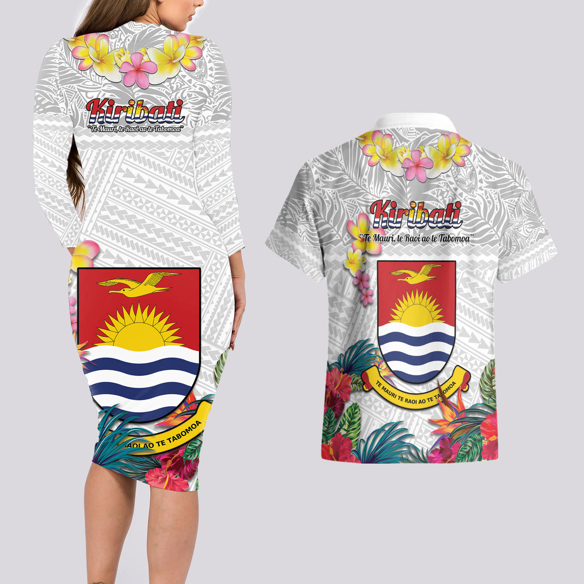 Kiribati Independence Day Couples Matching Long Sleeve Bodycon Dress and Hawaiian Shirt Frigatebird Mix Tropical Flowers - White Style LT14 - Polynesian Pride