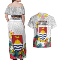 Kiribati Independence Day Couples Matching Off Shoulder Maxi Dress and Hawaiian Shirt Frigatebird Mix Tropical Flowers - White Style LT14 - Polynesian Pride