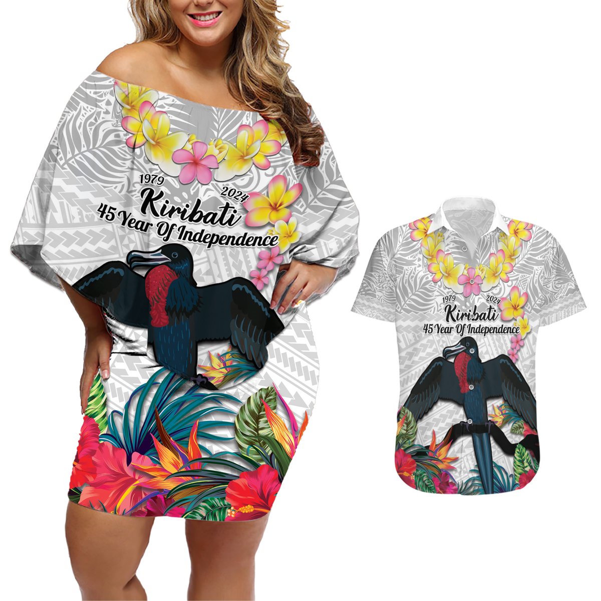 Kiribati Independence Day Couples Matching Off Shoulder Short Dress and Hawaiian Shirt Frigatebird Mix Tropical Flowers - White Style LT14 White - Polynesian Pride
