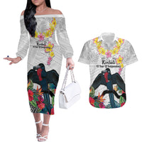 Kiribati Independence Day Couples Matching Off The Shoulder Long Sleeve Dress and Hawaiian Shirt Frigatebird Mix Tropical Flowers - White Style LT14 White - Polynesian Pride