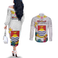 Kiribati Independence Day Couples Matching Off The Shoulder Long Sleeve Dress and Long Sleeve Button Shirt Frigatebird Mix Tropical Flowers - White Style LT14 - Polynesian Pride