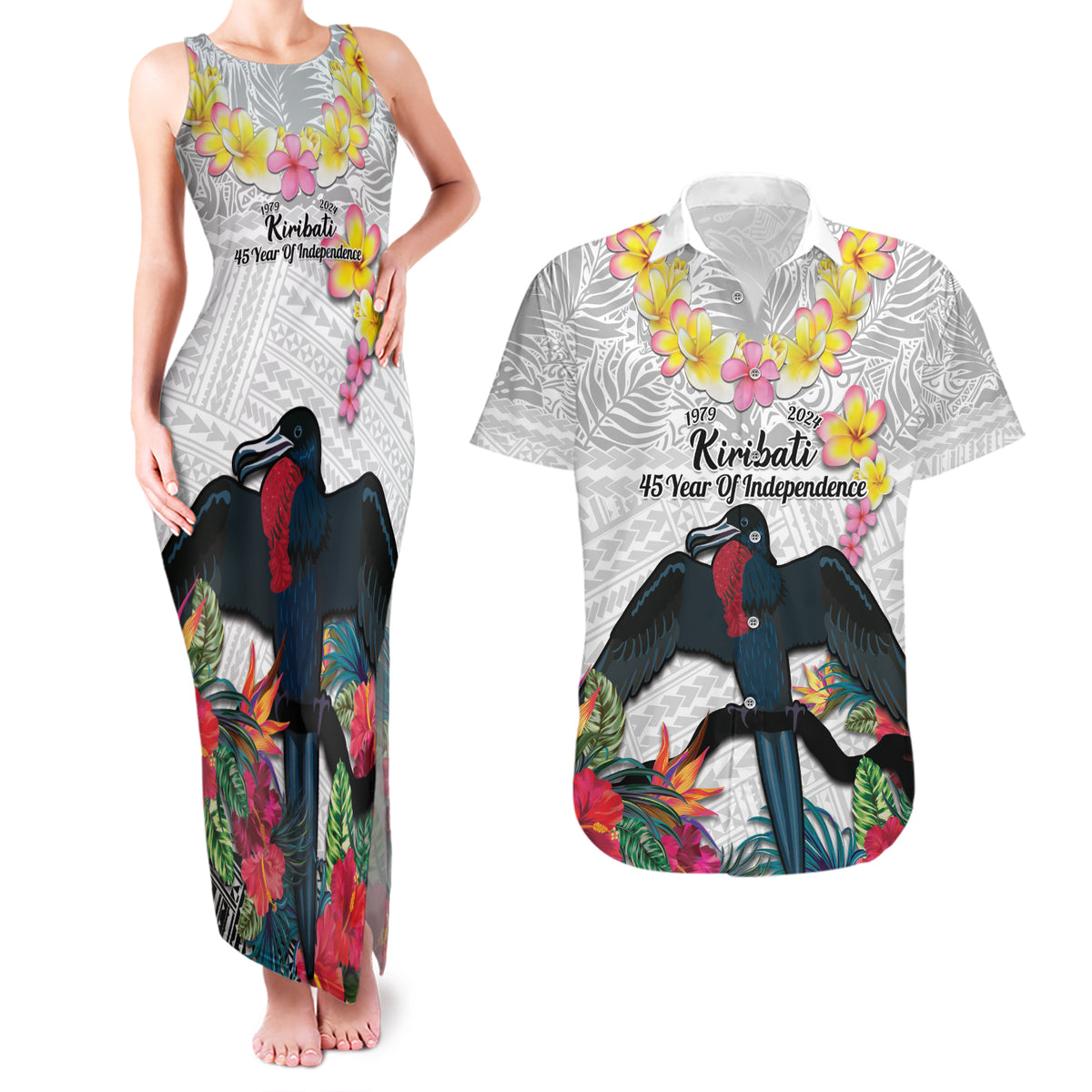 Kiribati Independence Day Couples Matching Tank Maxi Dress and Hawaiian Shirt Frigatebird Mix Tropical Flowers - White Style LT14 White - Polynesian Pride