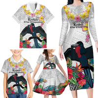 Kiribati Independence Day Family Matching Long Sleeve Bodycon Dress and Hawaiian Shirt Frigatebird Mix Tropical Flowers - White Style LT14 - Polynesian Pride