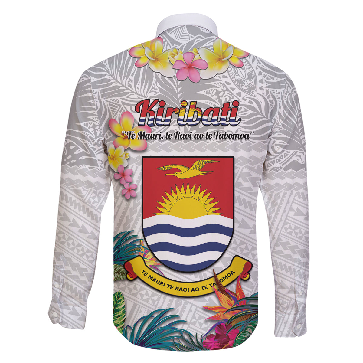 Kiribati Independence Day Family Matching Long Sleeve Bodycon Dress and Hawaiian Shirt Frigatebird Mix Tropical Flowers - White Style LT14 - Polynesian Pride