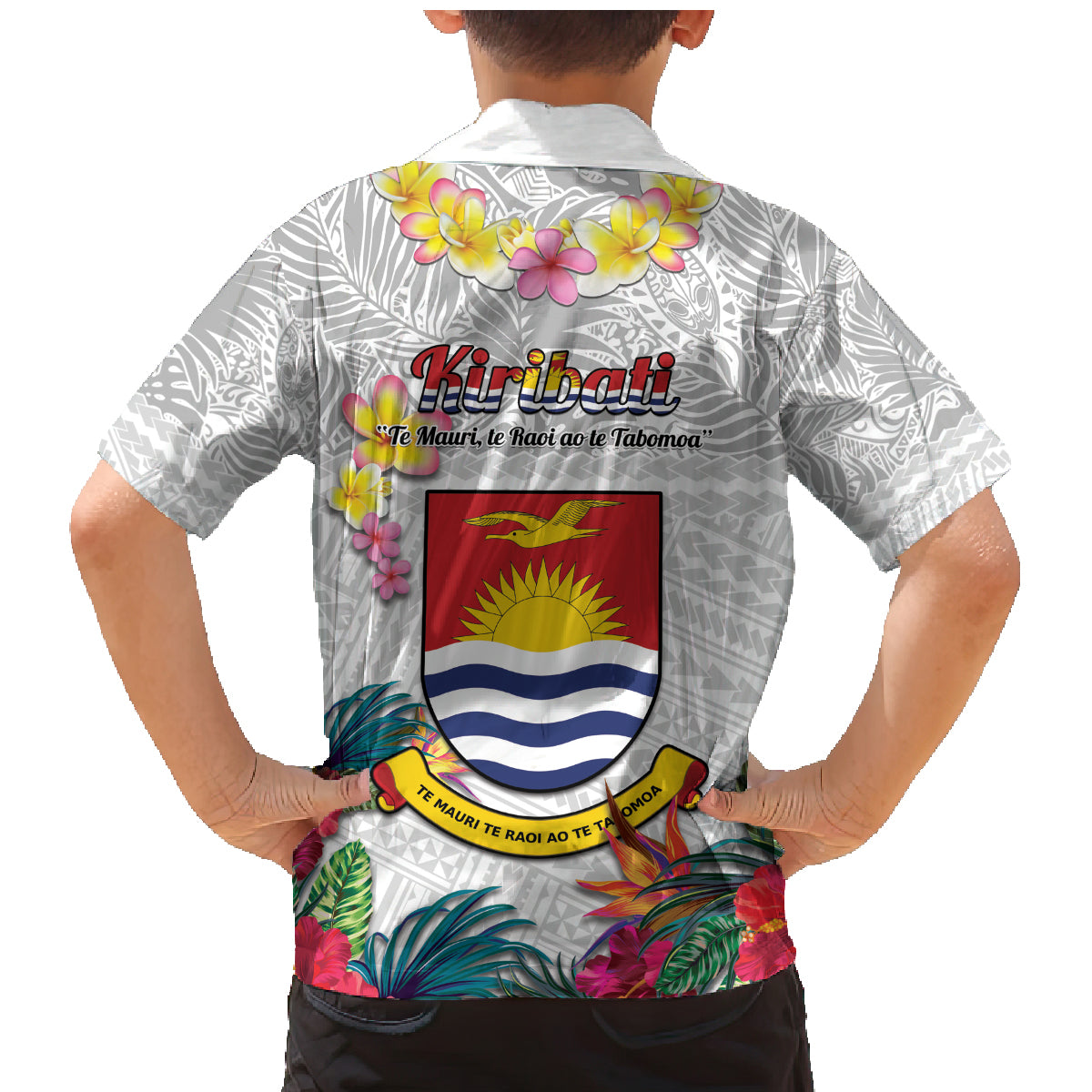 Kiribati Independence Day Family Matching Mermaid Dress and Hawaiian Shirt Frigatebird Mix Tropical Flowers - White Style LT14 - Polynesian Pride