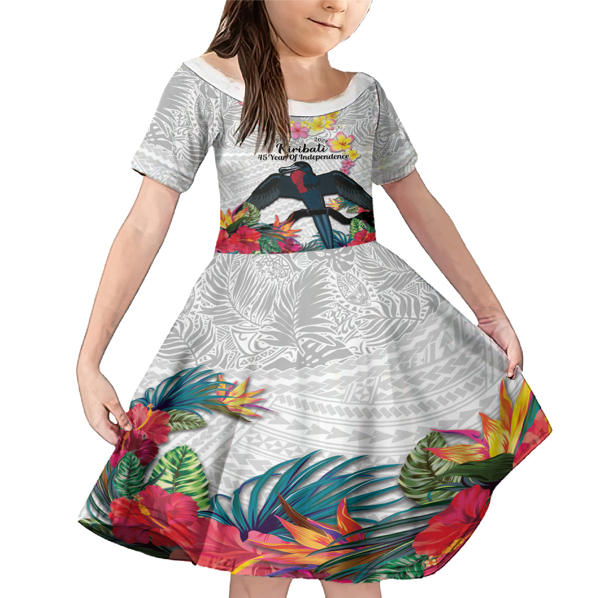 Kiribati Independence Day Family Matching Mermaid Dress and Hawaiian Shirt Frigatebird Mix Tropical Flowers - White Style LT14 Daughter's Dress White - Polynesian Pride