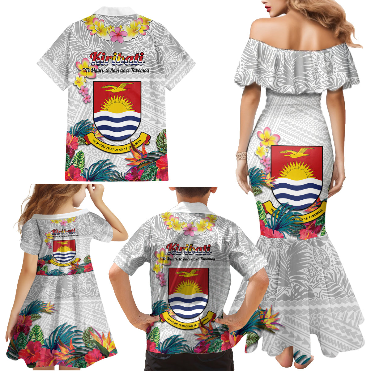 Kiribati Independence Day Family Matching Mermaid Dress and Hawaiian Shirt Frigatebird Mix Tropical Flowers - White Style LT14 - Polynesian Pride